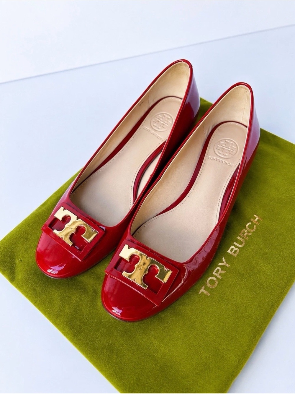 Tory Burch Gigi Soft Patent Leather Low Block Heel Pumps Red Sz 6